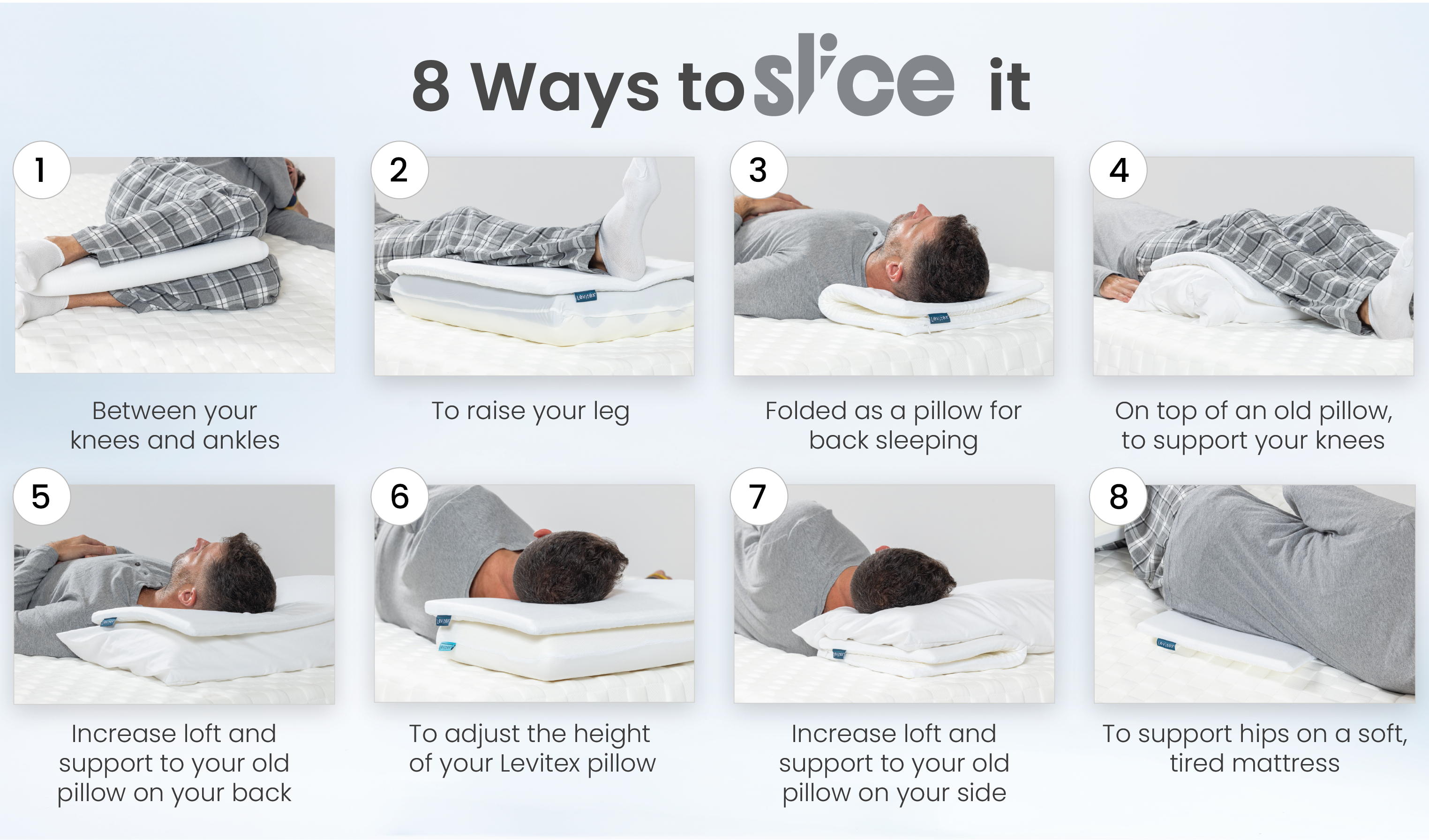 Illustration showing 8 ways to use a pillow topper with text descriptions.