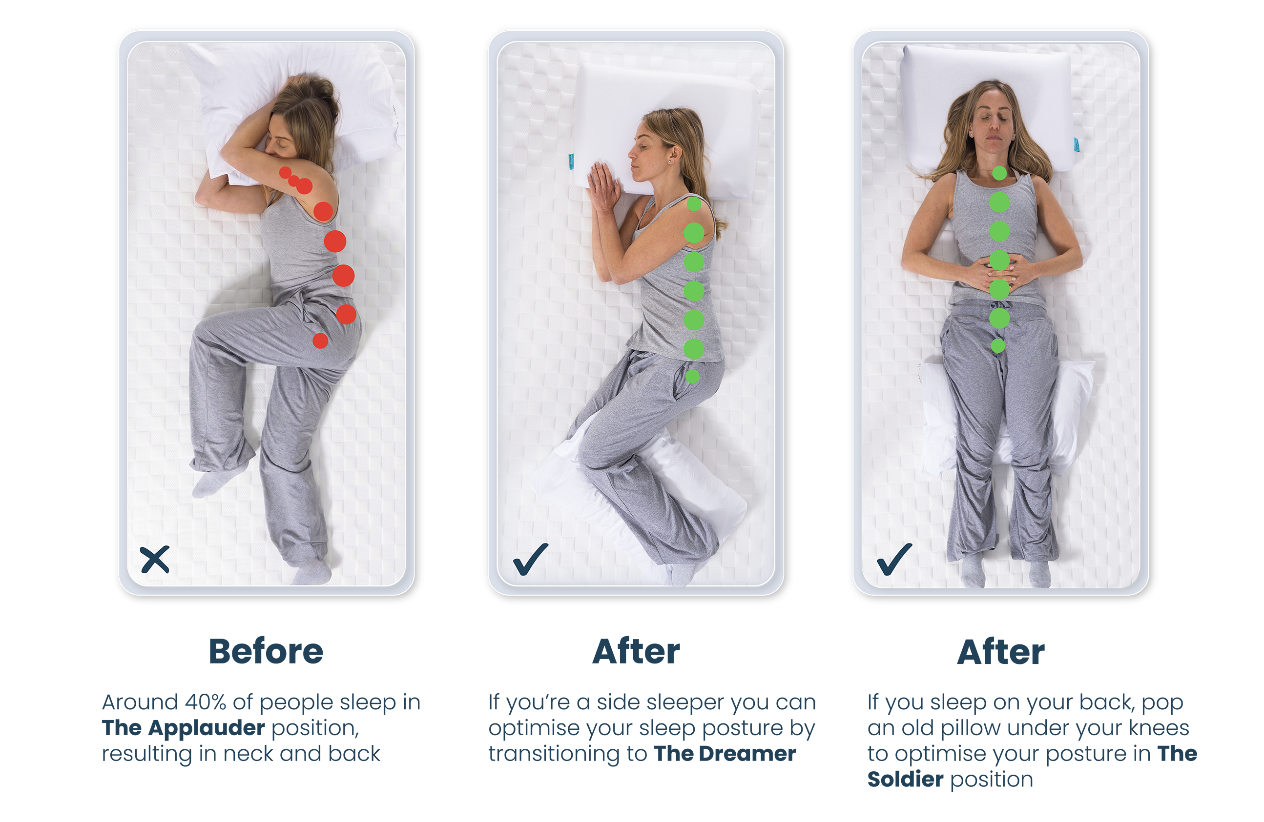 Illustrations showing different sleeping positions for better posture with different pillow sizes.