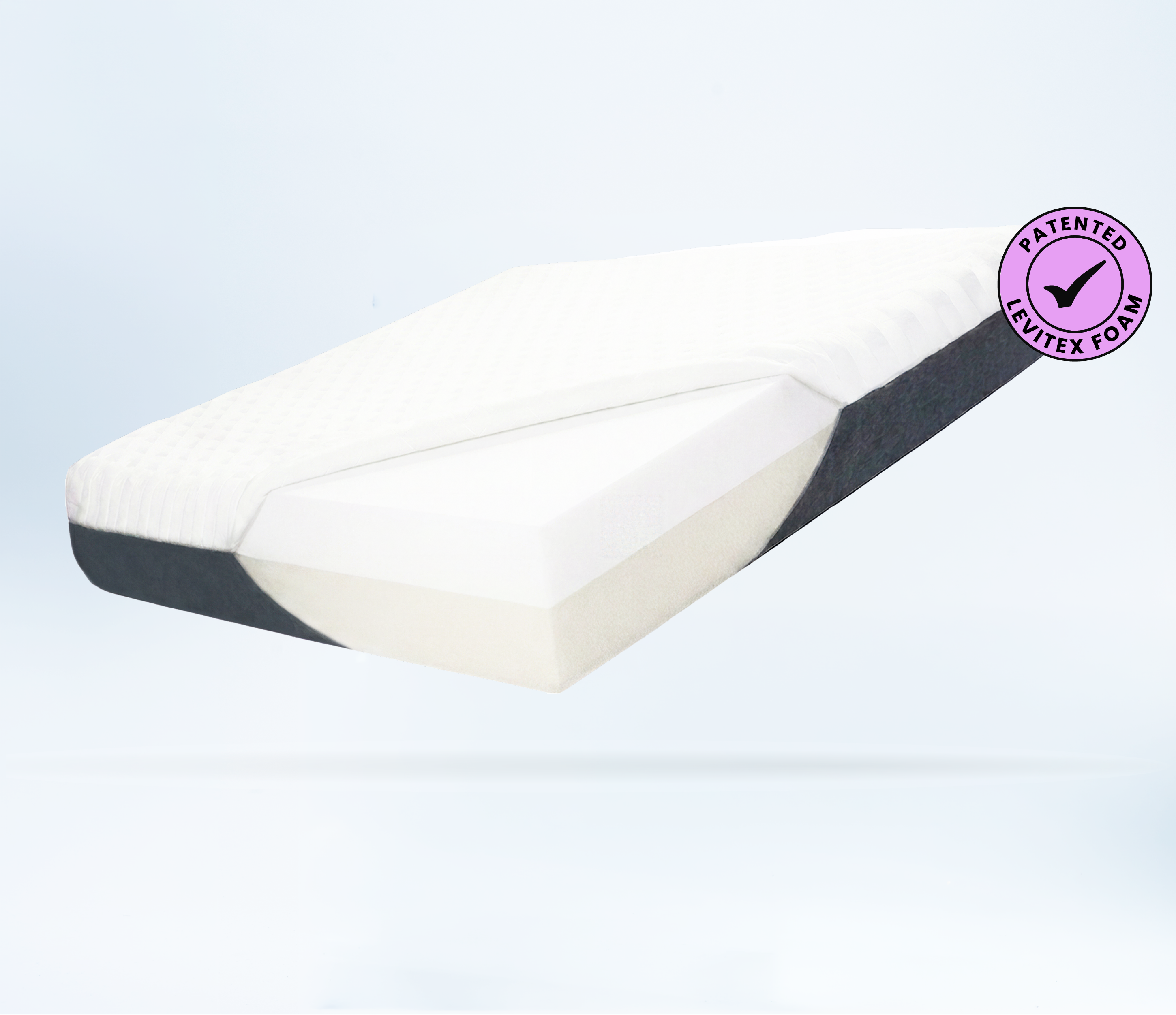 Sleep posture mattress with 'Patented Levtex Foam' label on a white background