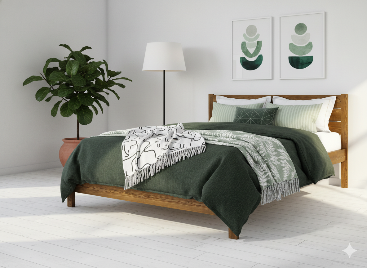Bedroom with a wooden bed, green bedding, and decorative elements.
