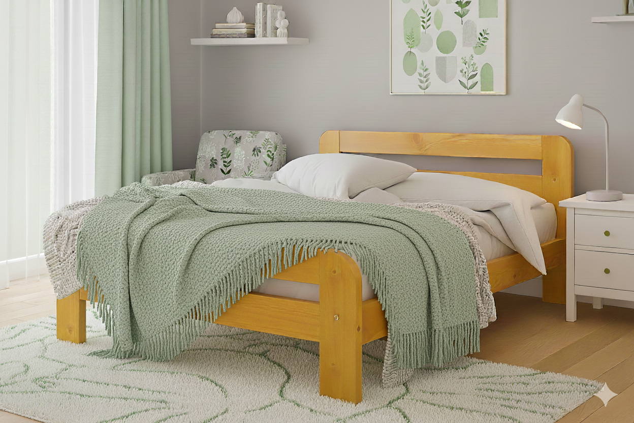 Wooden bed with green blanket in a bedroom setting