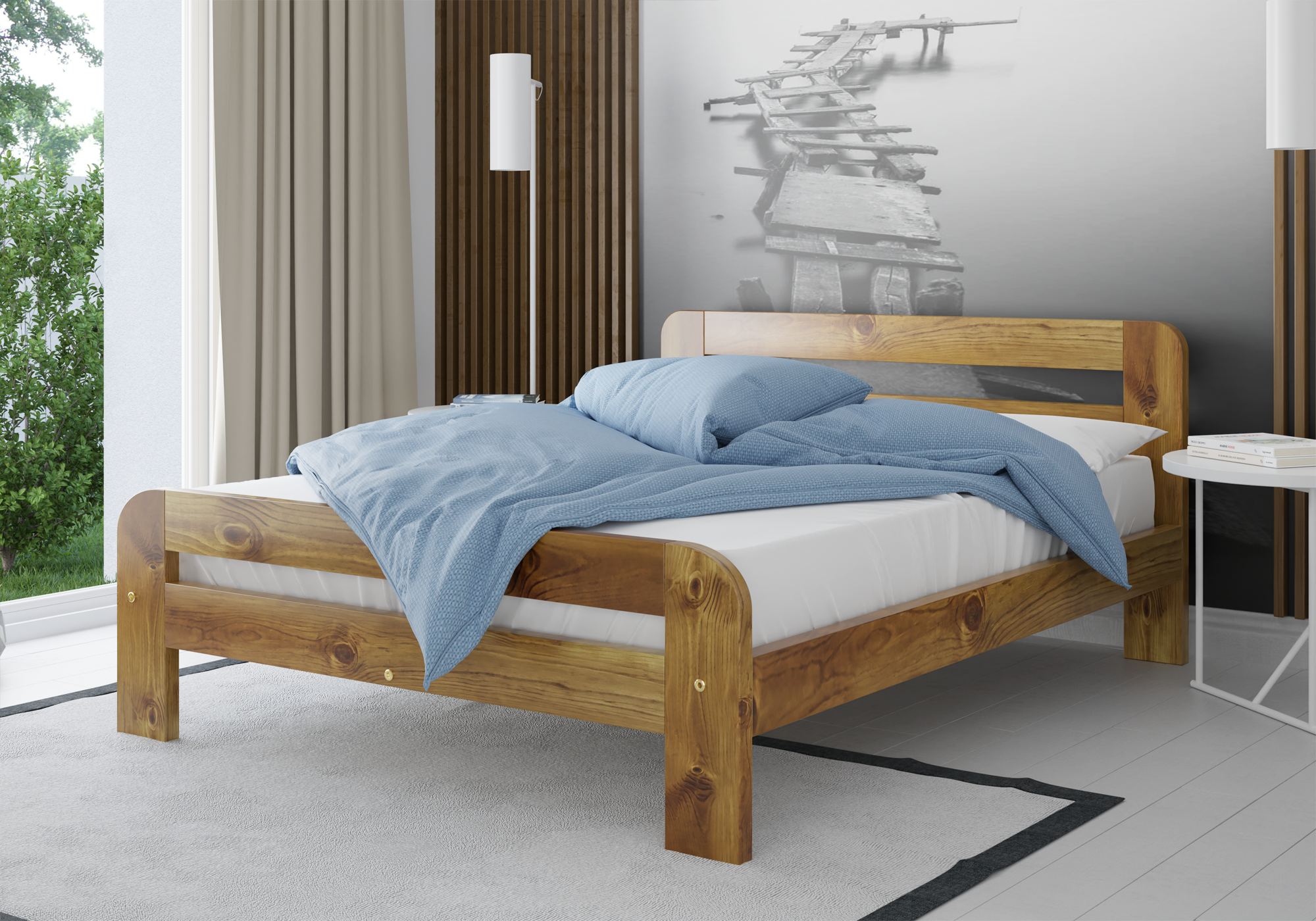 Wooden bed with blue bedding in a modern bedroom setting