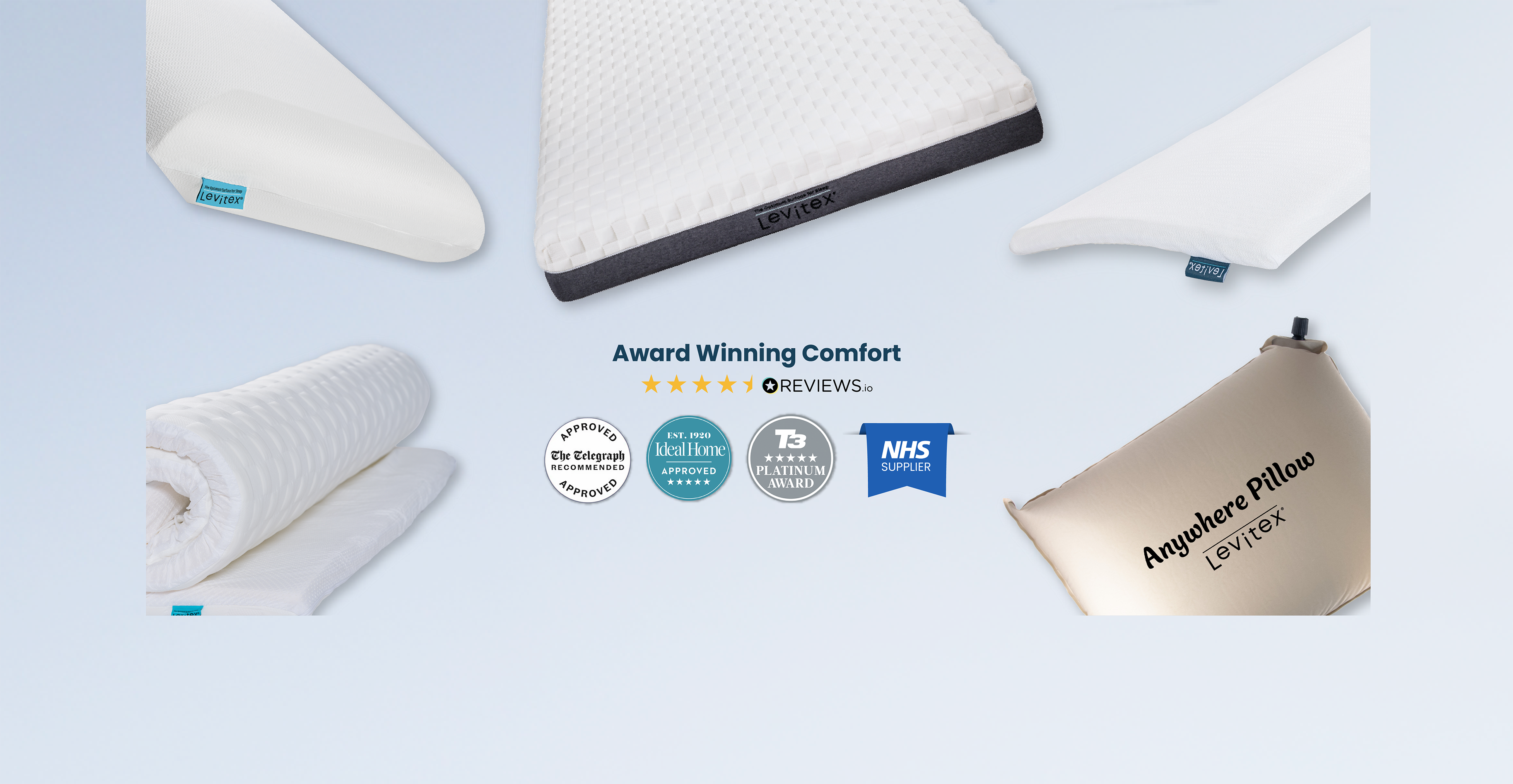 White pillow, mattress, mattress topper, travel pillow and slice with branding and certification logos on a light blue background