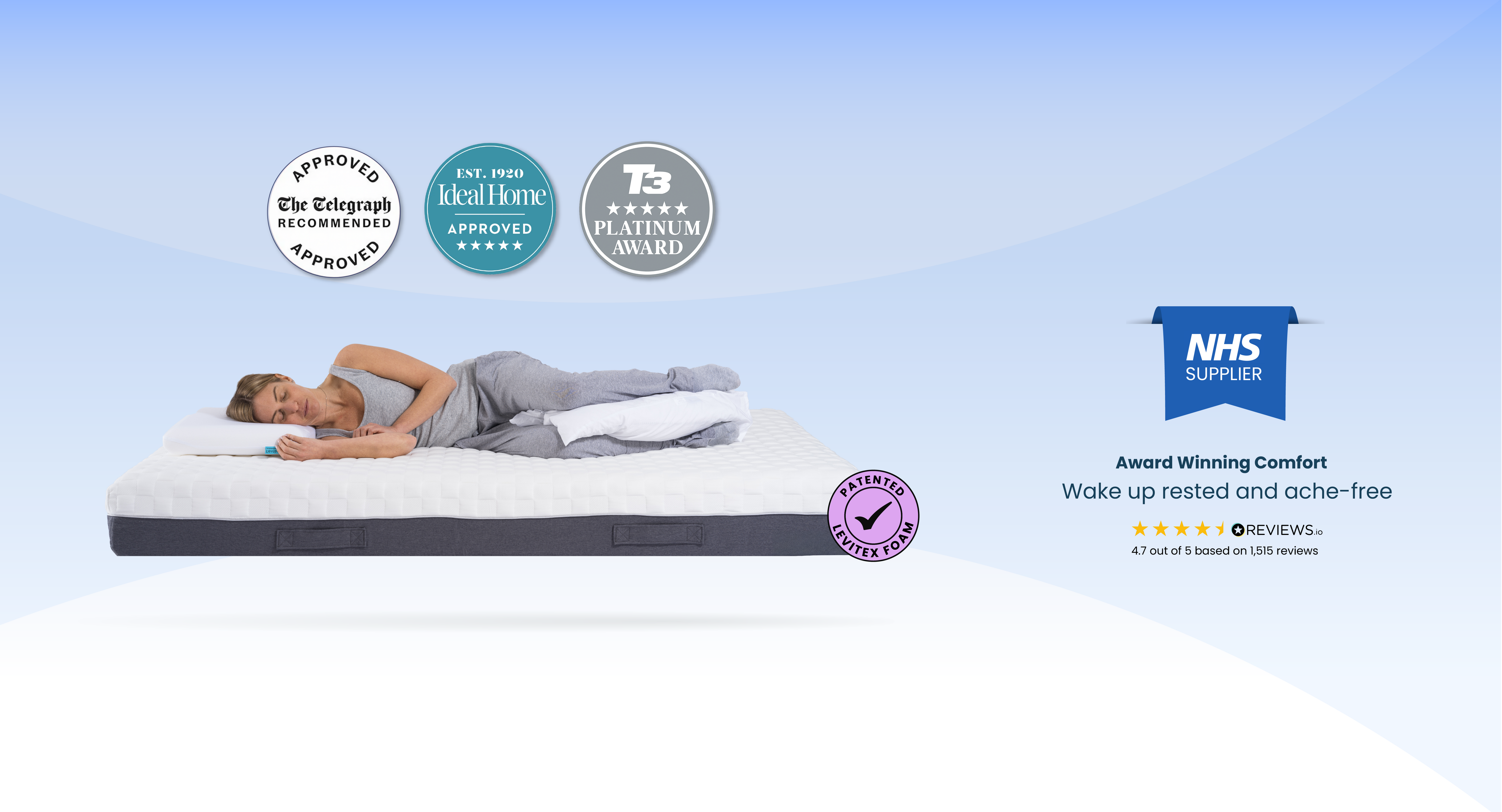 Person lying on a levitex mattress with various certification logos displayed against a blue background
