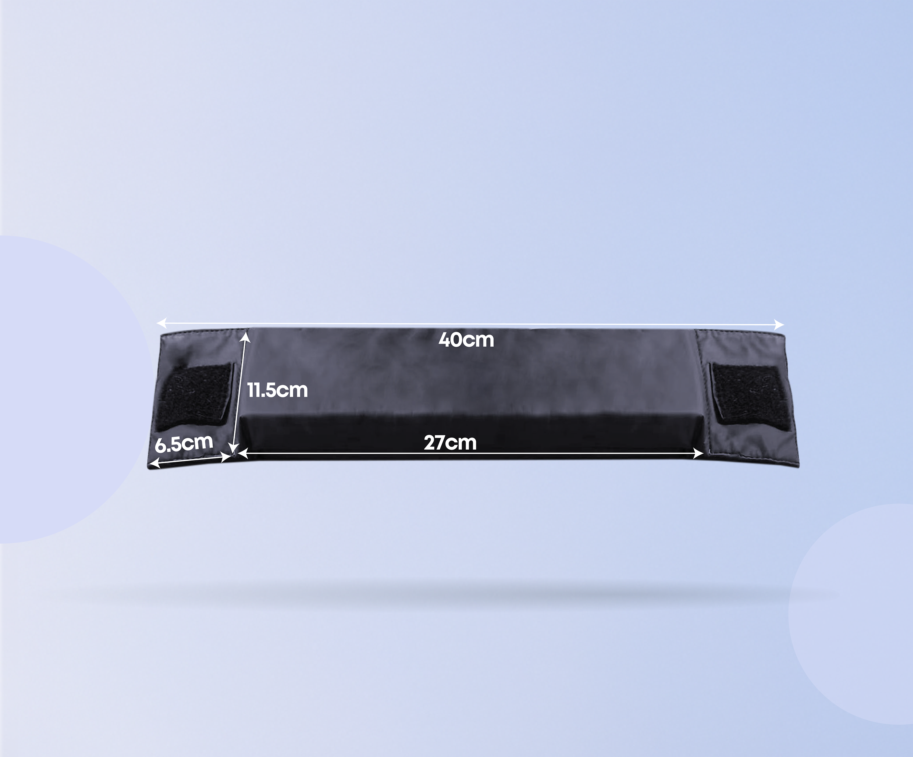 Black strap with measurements on a light blue background