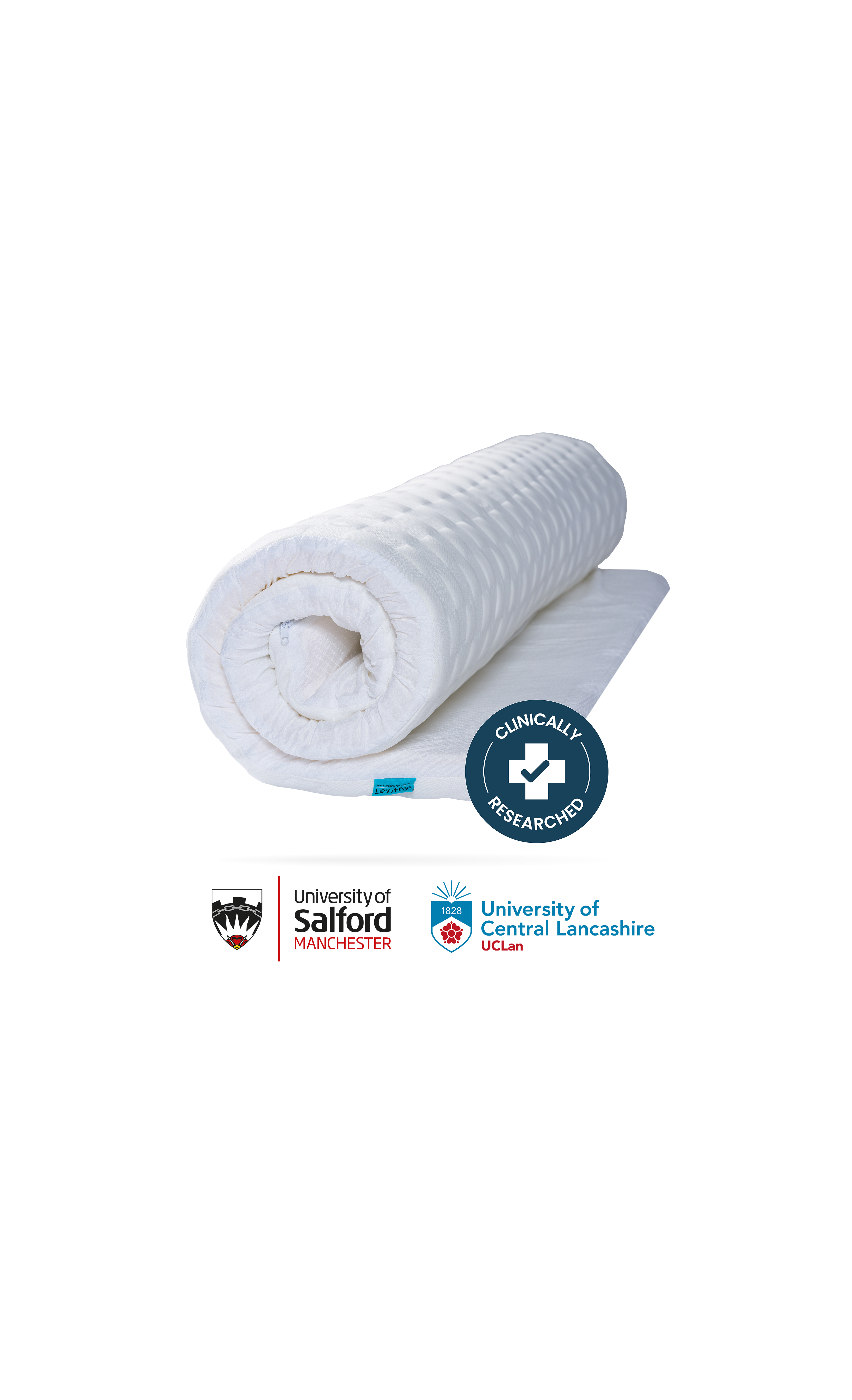 Rolled-up mattress topper with clinical research badge and brand logos on a white background
