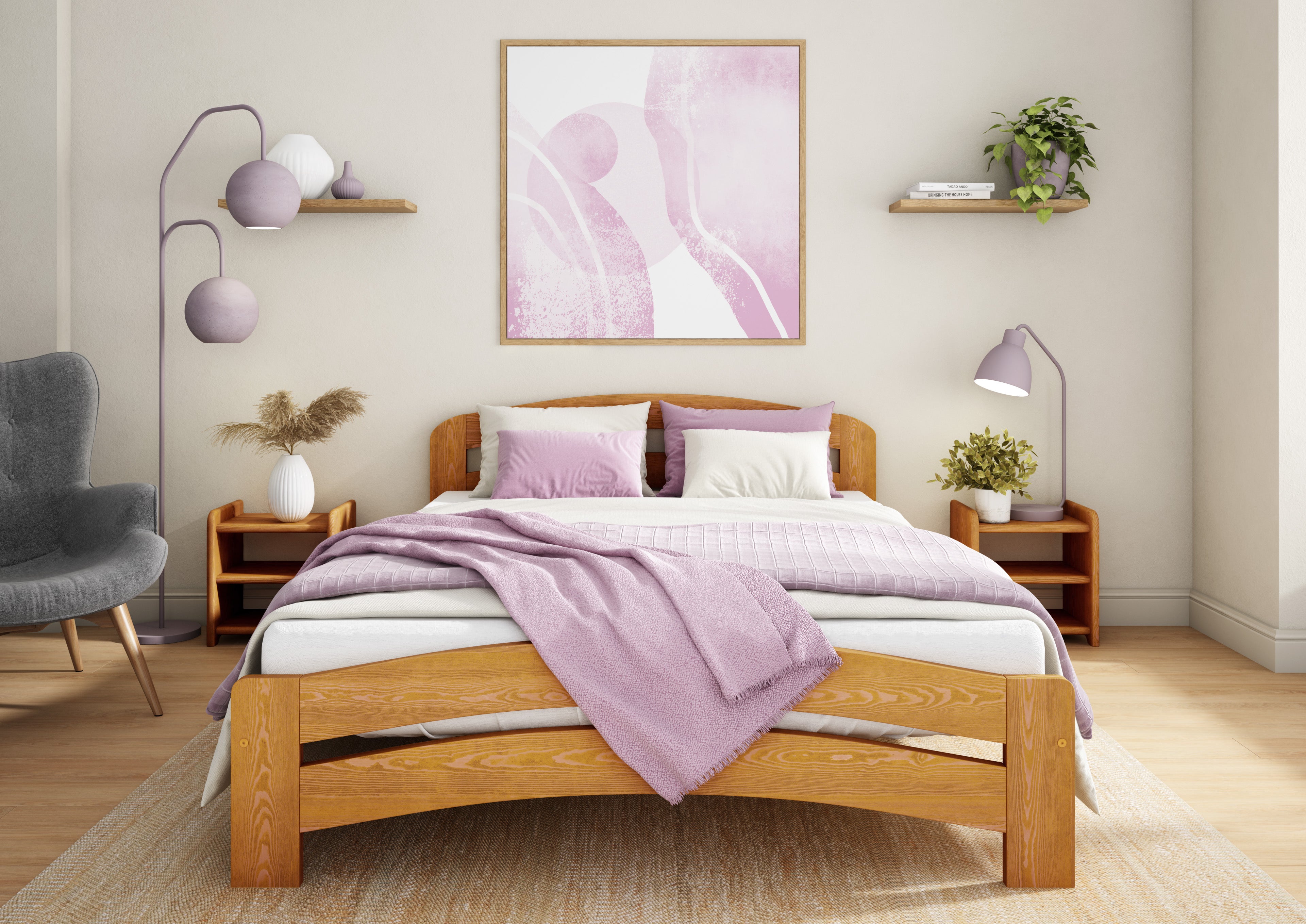 Bedroom with wooden bed, pink bedding, and decor.