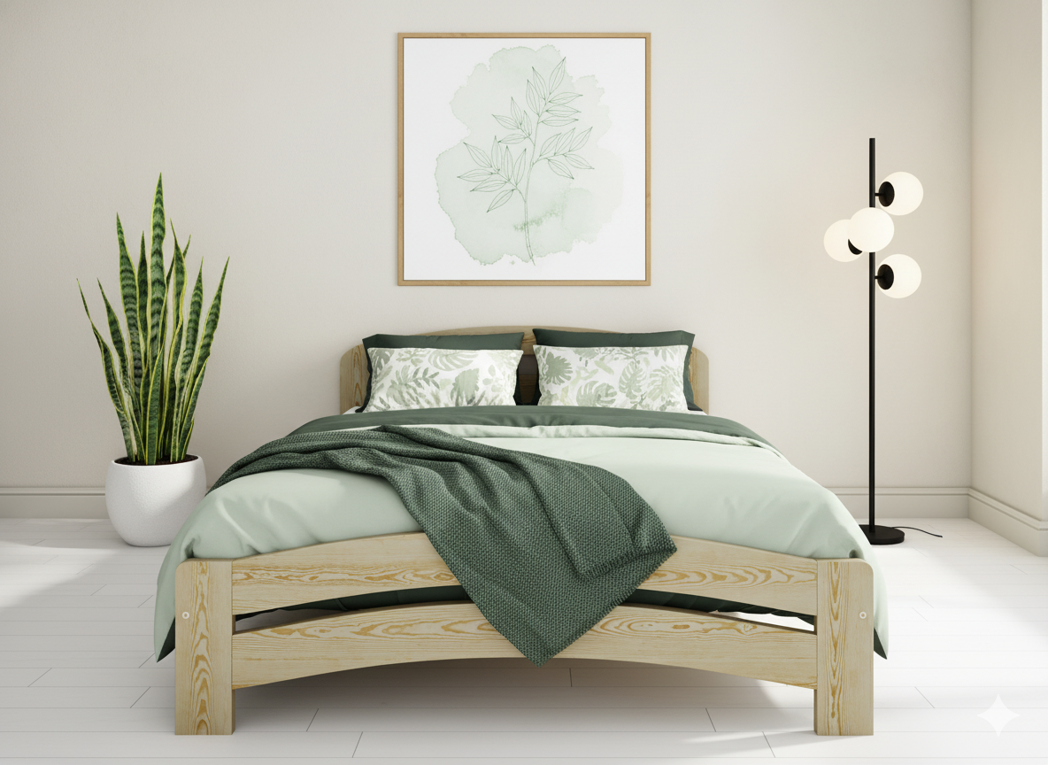 Bedroom with a wooden bed, green bedding, and decorative elements.