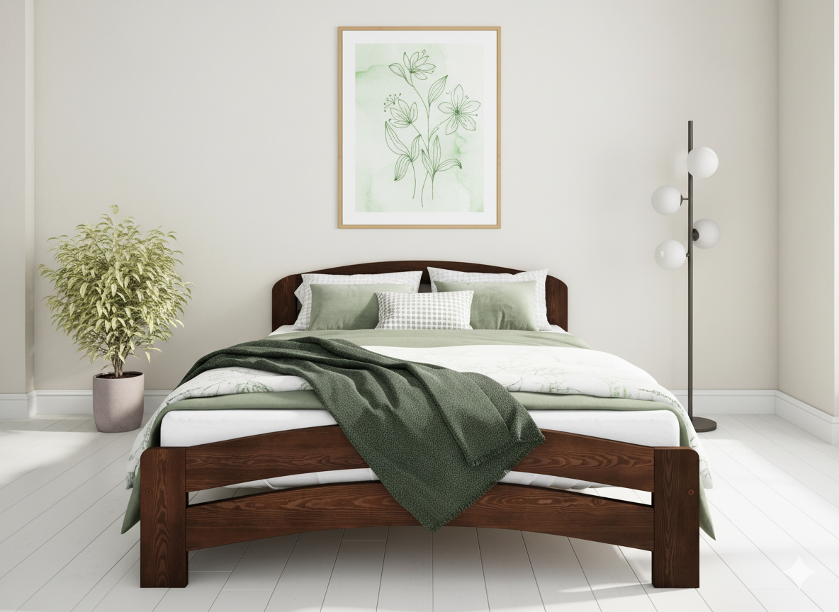 Wooden bed with green bedding in a bright bedroom setting