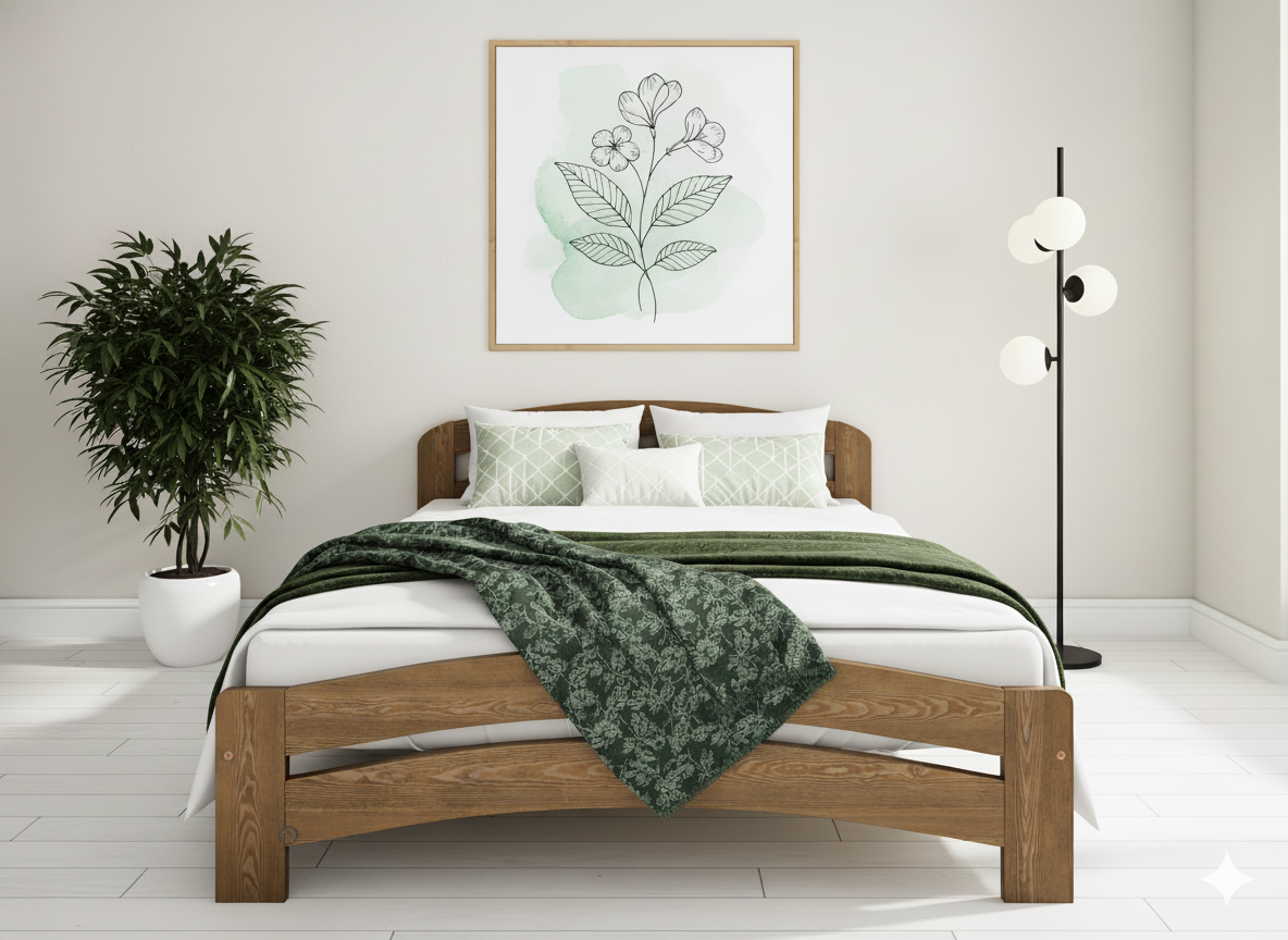 Wooden bed with green bedding in a modern bedroom setting.