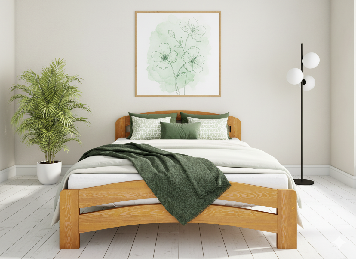 Wooden bed in a bedroom with a plant and artwork on the wall