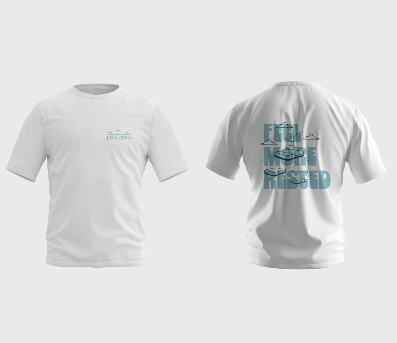 front and back of a white tshirt that says 'feel more rested' and has playful illustrations of mattresses and clouds floating