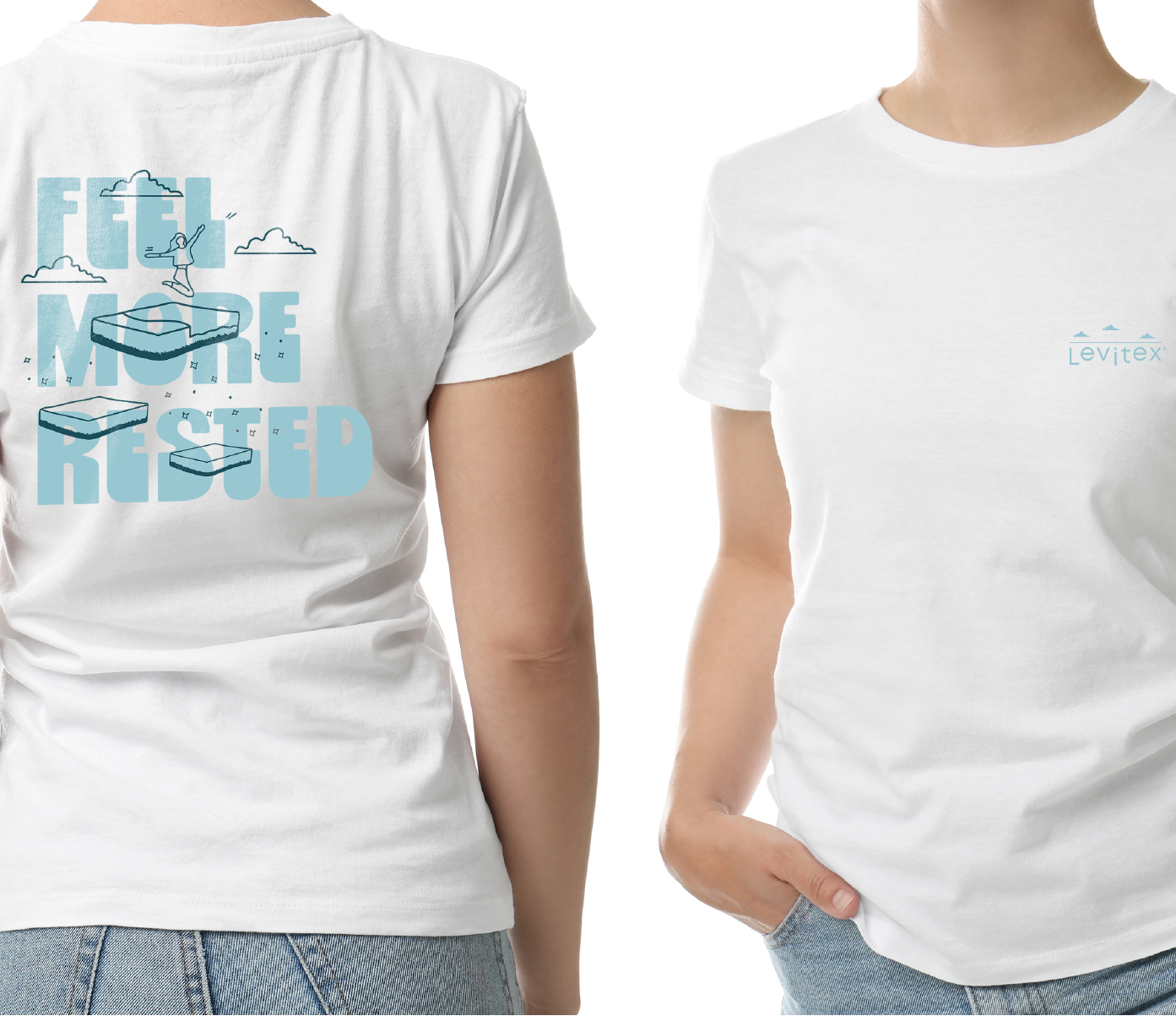 front and back of a woman wearing a white t-shirt with slogan of 'feel more rested'