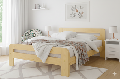 Wooden bed in a bright bedroom with white walls and decor.