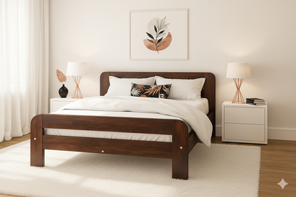 Wooden bed in a bedroom with white bedding and decor