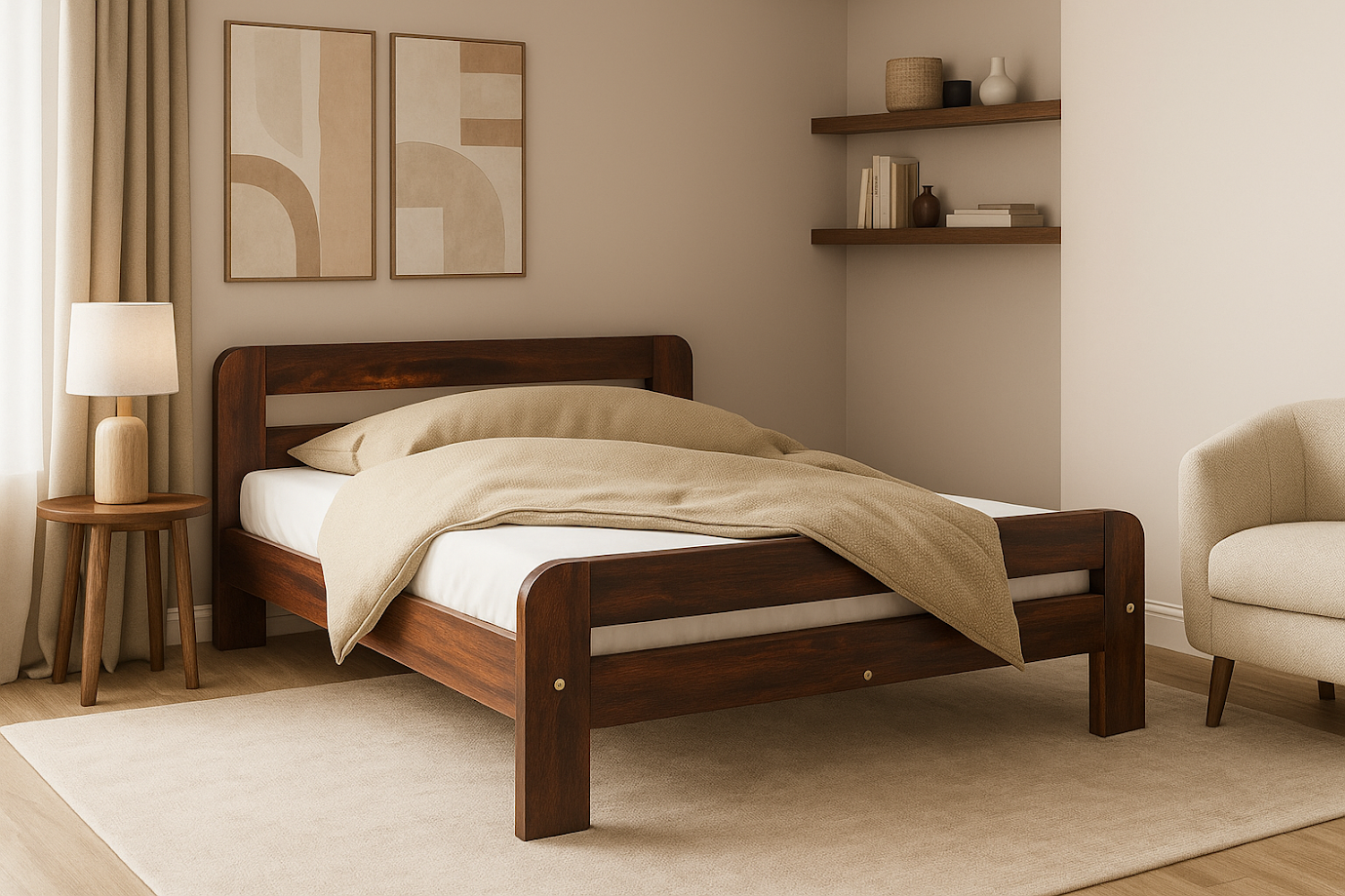 Wooden bed in a bedroom with a side table, lamp, and armchair.