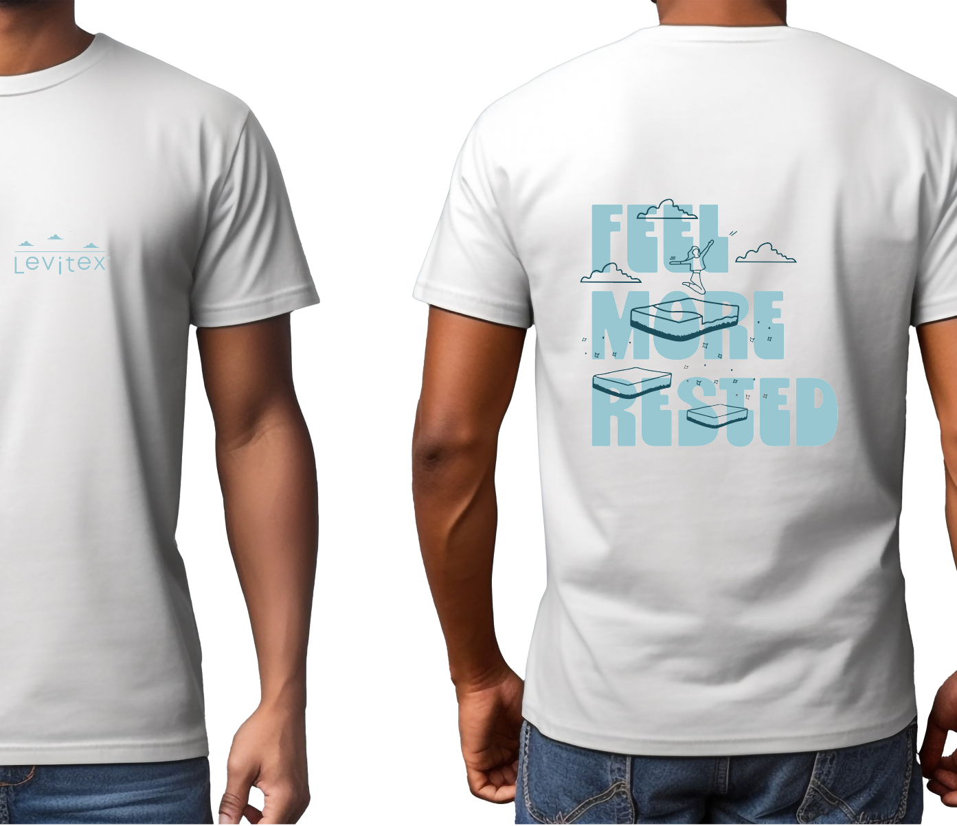 front and back of a man wearing a white tshirt with slogan of 'feel more rested'