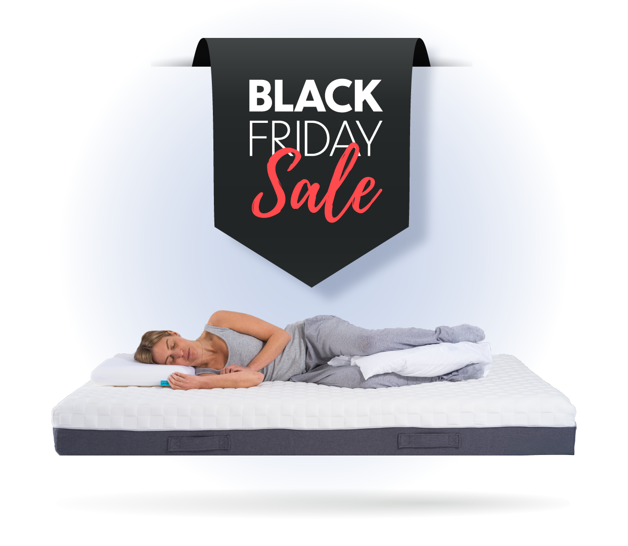 Woman lying on a mattress with a Black Friday sale banner above her.