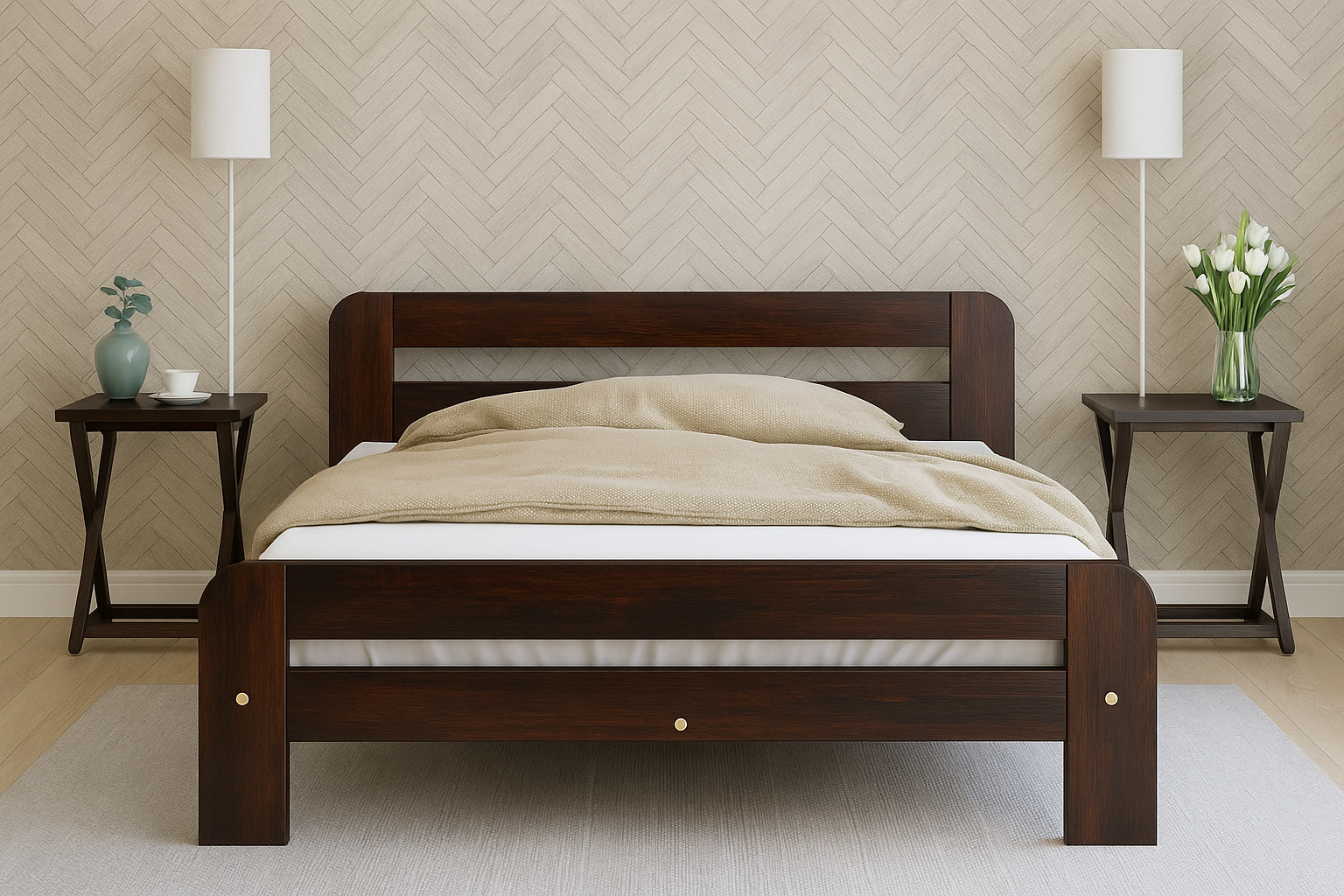 Wooden bed with beige blanket in a room with two side tables and lamps.