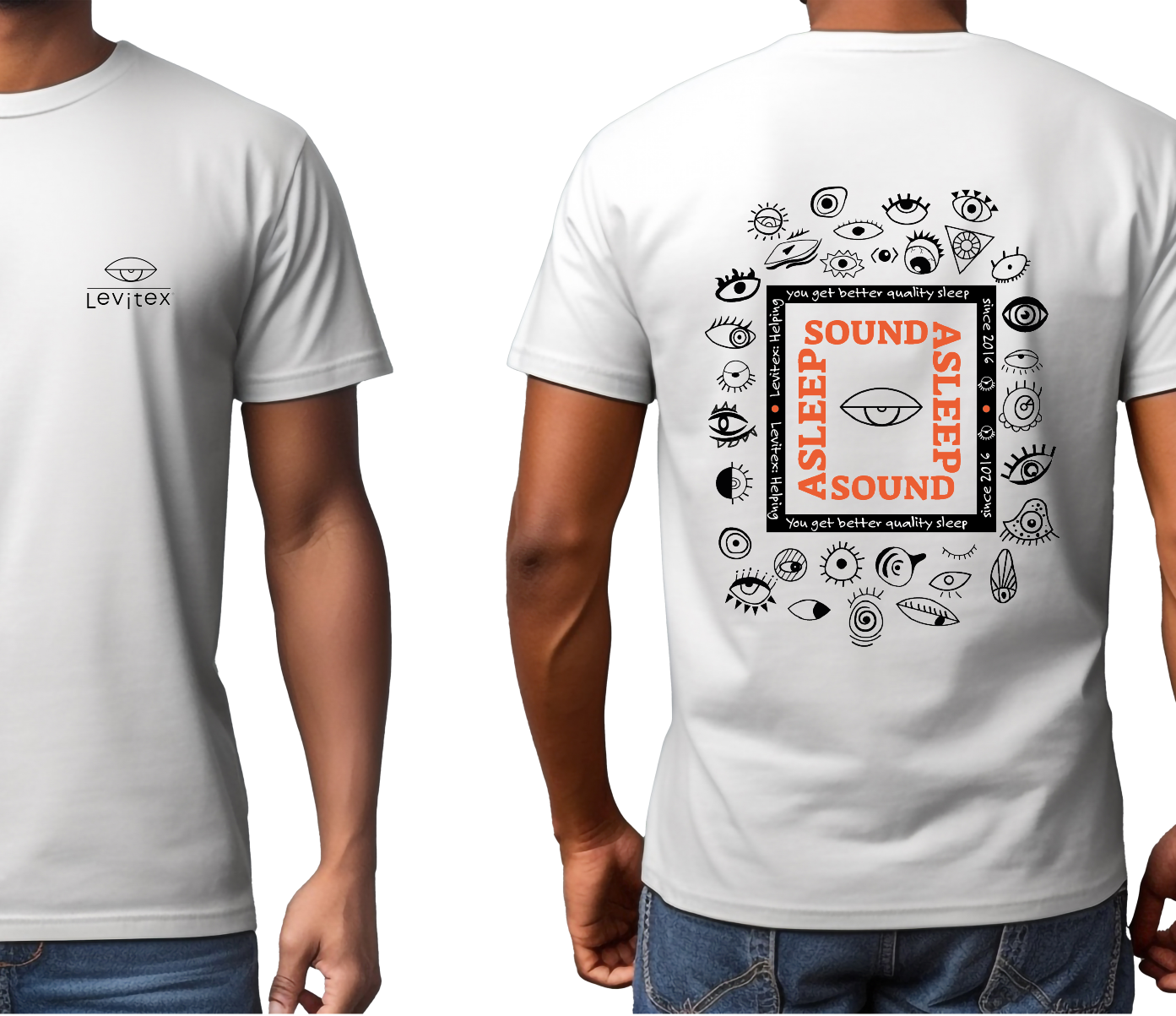 a man from the front and back, wearing a white tshirt that says 'sound asleep' with a playful eye design around the slogan