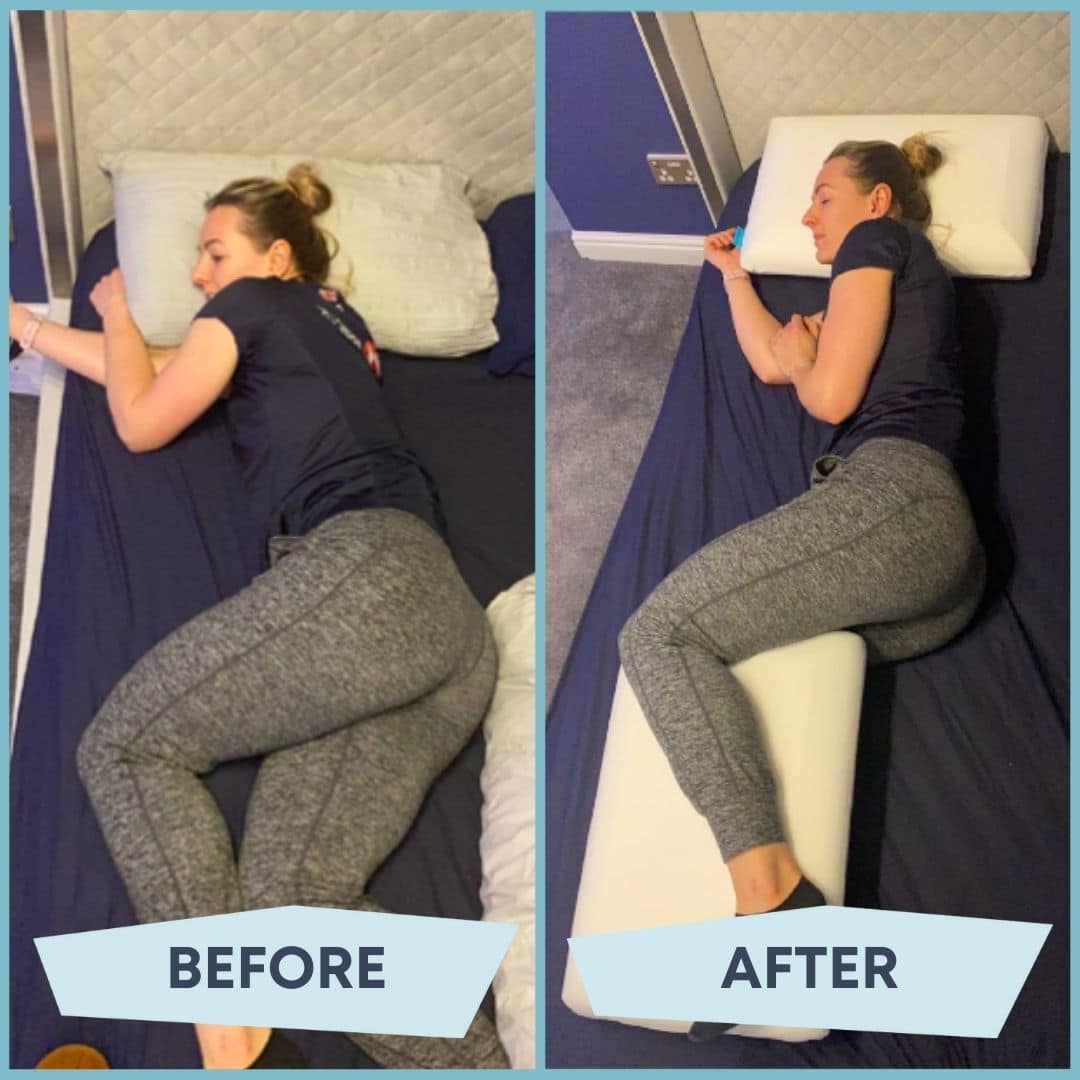 woman sleeping on her side, the before is her with bad posture and the after is her with good posture