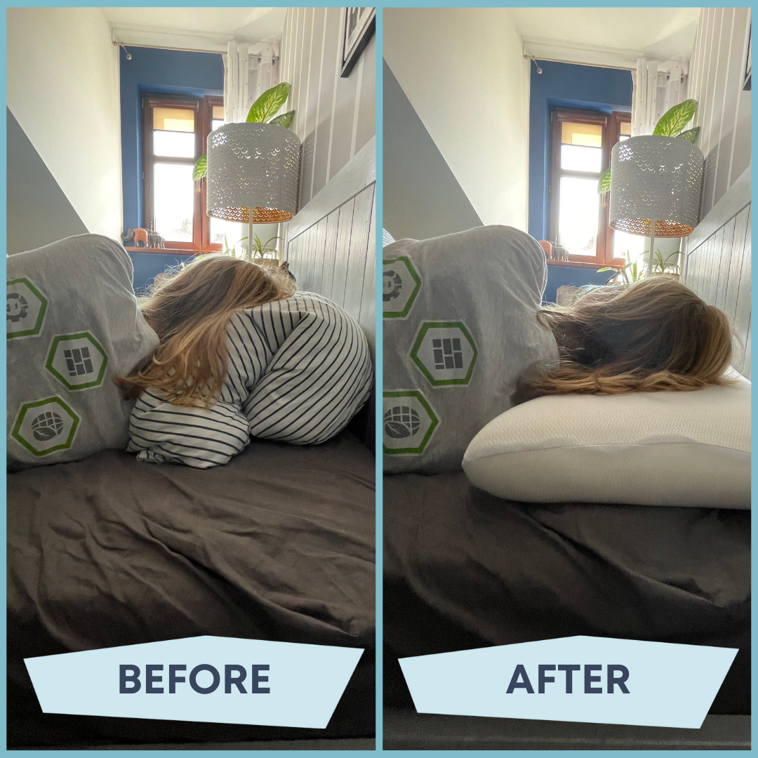woman sleeping on her side on old pillow vs on levitex pillow