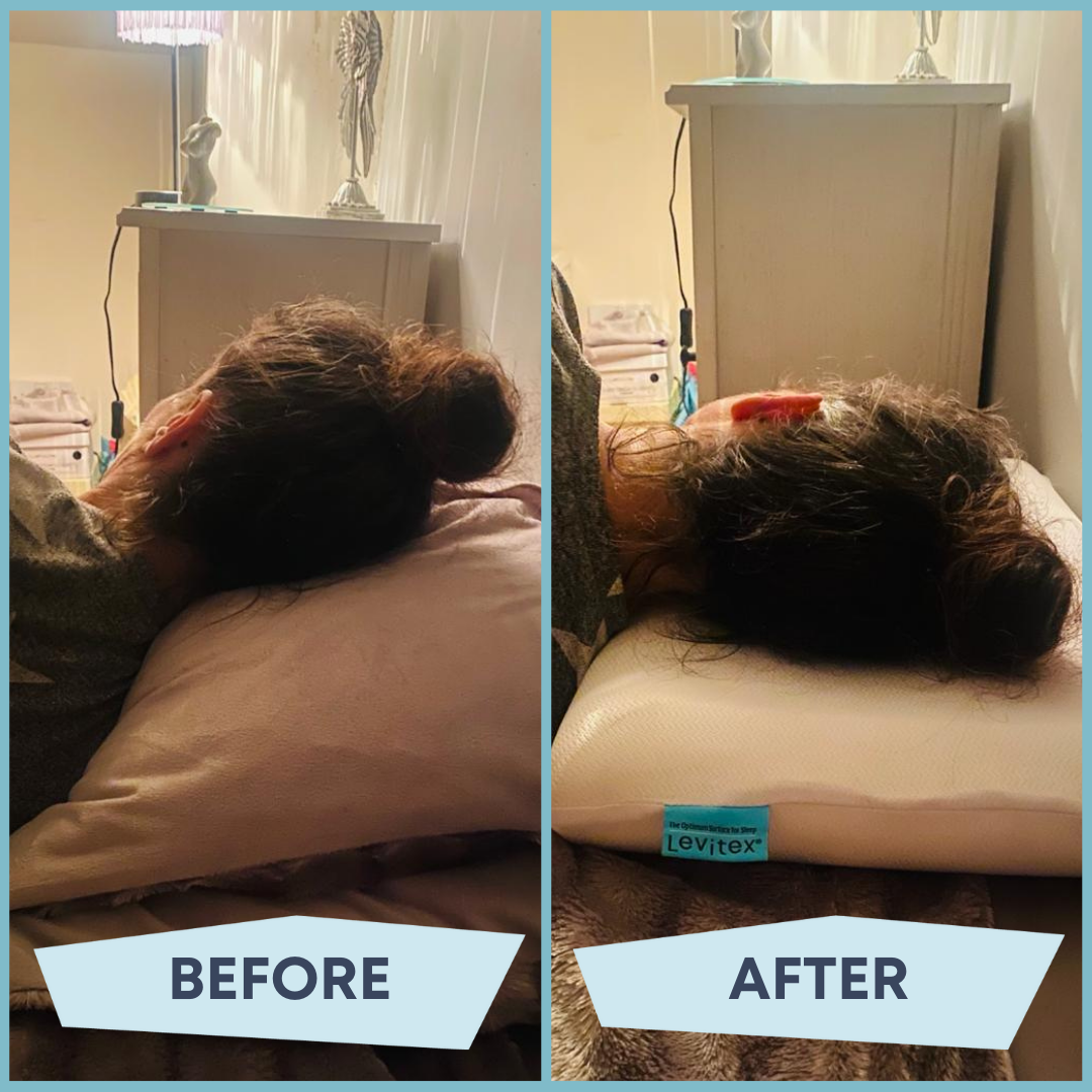 woman sleeping on old pillow and then with optimised sleep posture on levitex pillow