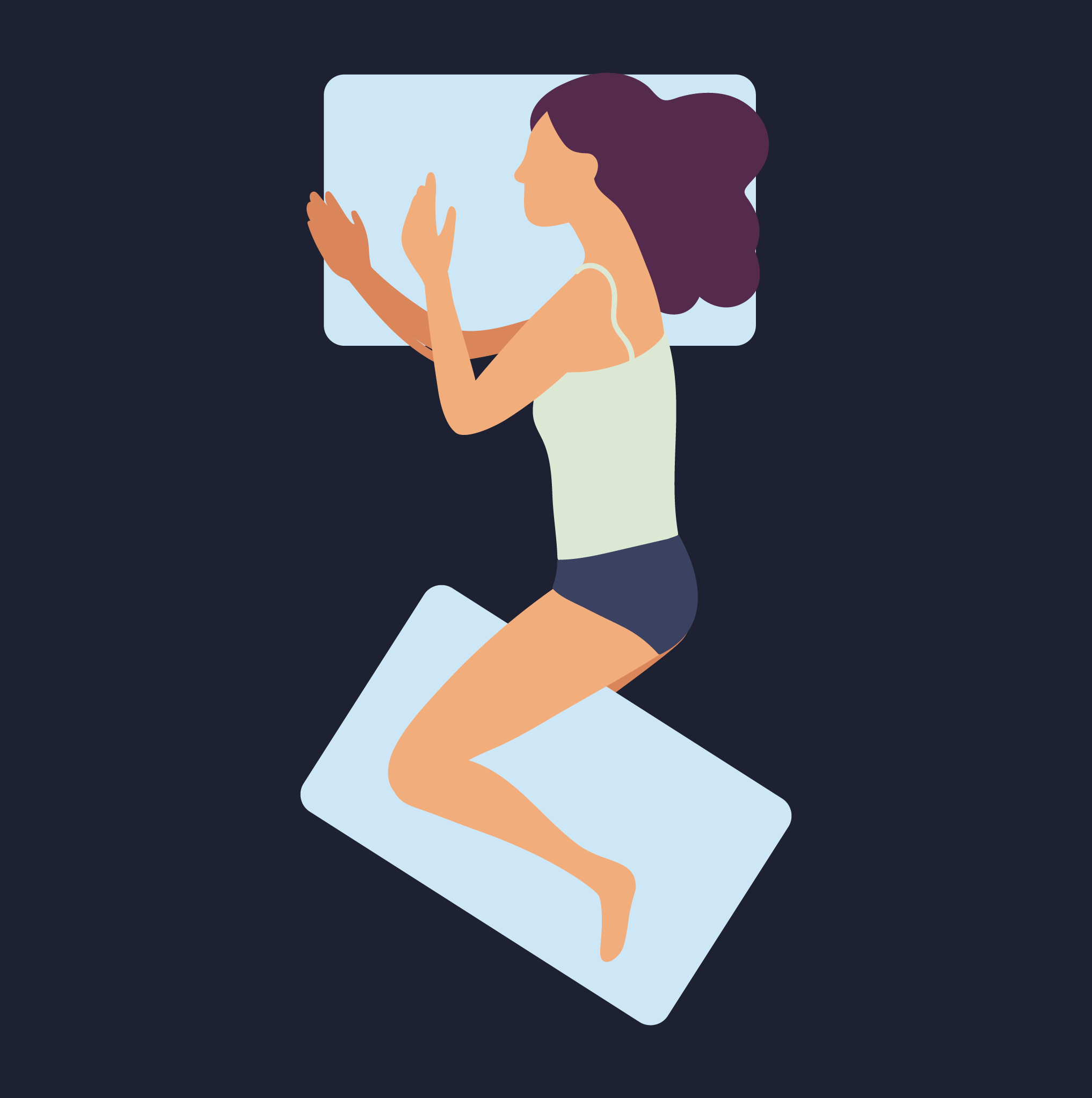 Illustration of woman sleeping on her side with pillow between her knees and ankles